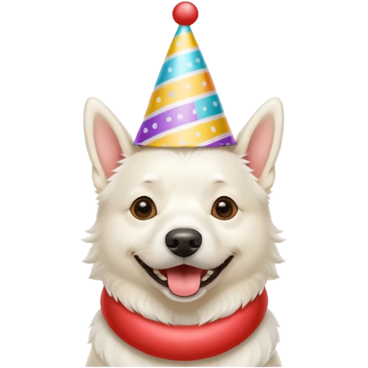 A White belgian dog wearing a party hat.   emoji