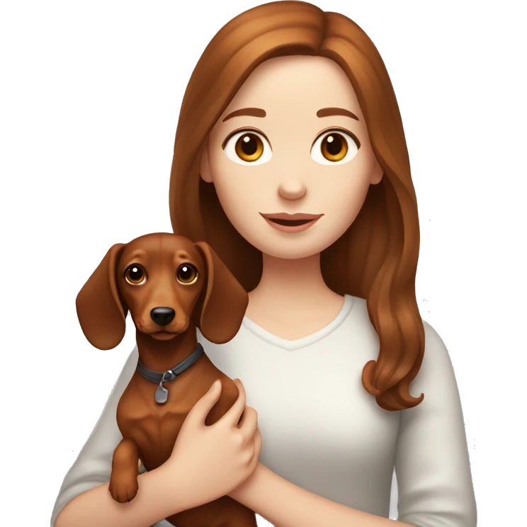 Brown haired haired girl with pale skin holding ginger dachshund emoji