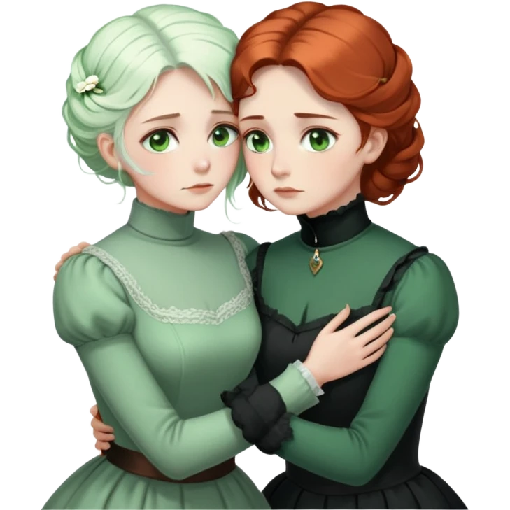 Two Victorian women with light green eyes in a sad, intimate embrace. One has bright white coiffed hair, the other has dark copper coiffed hair. Both wearing Victorian turtleneck dresses, hugging tightly emoji