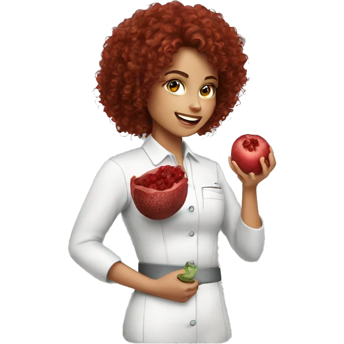 dietitian girl dark red curly hair eating a pomergranate emoji