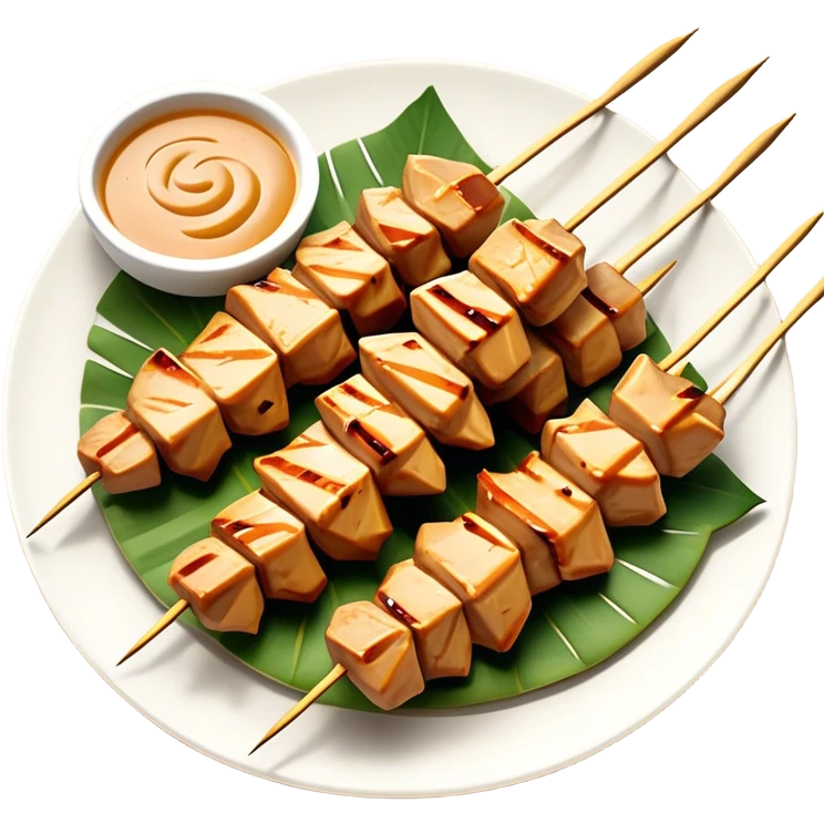 Cinematic Realistic Indonesian Chicken Satay Dish Emoji, depicted as succulent, marinated chicken skewers grilled to perfection with a subtle char, drizzled generously with a rich, creamy peanut sauce that glistens under warm, natural lighting. The vibrant textures of the tender meat and smooth, spicy sauce evoke the authentic flavors of Indonesian street food, rendered with lifelike detail and dynamic, appetizing lighting. emoji