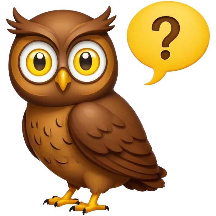 Small all Brown owl with a yellow question mark inside a thought bubble emoji