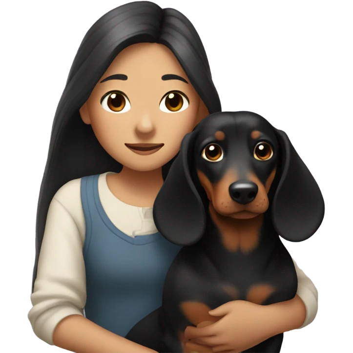 an Asian girl with long hair, hugging a black and tan long haired dachshund with a branch in its mouth emoji
