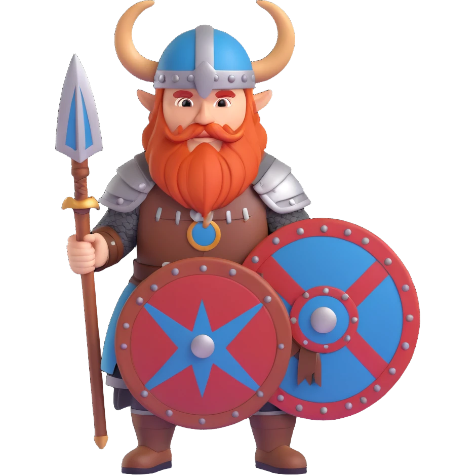 Norwegian Viking with red beard and helmet with horns. Holds a round shield with Norwegian pattern emoji