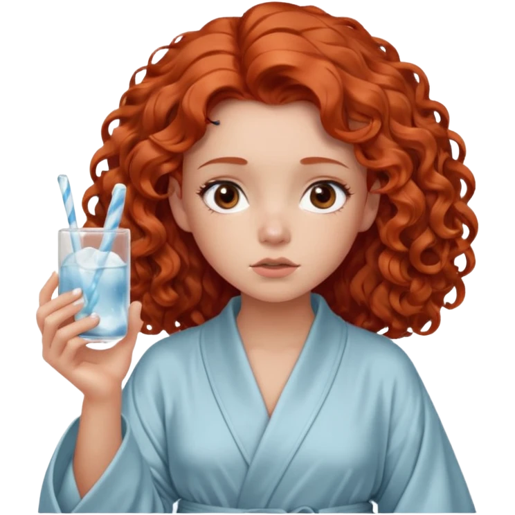 Cartoon emoji of a girl with voluminous curly red hair, fair skin, warm brown eyes. Wearing a chic milky silk robe with long sleeves, no makeup. Portrait mode, holding a ice cube, looking doubtful and unsure. Smooth, simple, stylized." emoji