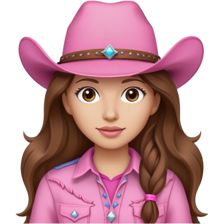 Long brown hair pink outfit light face and pink cowgirl hat emoji