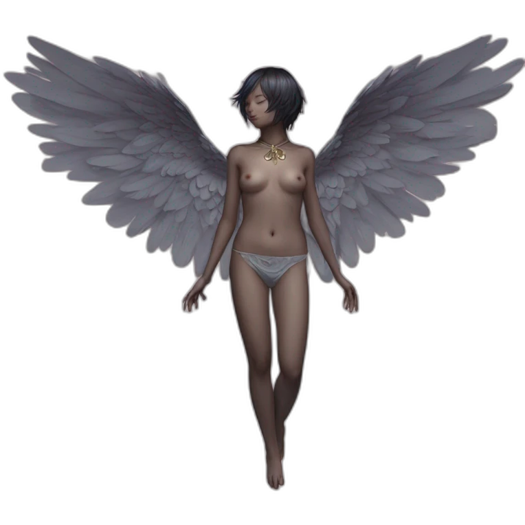 Bare belly, Wings, Choker, Colorless garden, Bathed in shadows, FOV 90 degrees, short lighting, L USM, Cold Colors, gilded technique, taiji, extremely hyper aesthetic, absurdres emoji