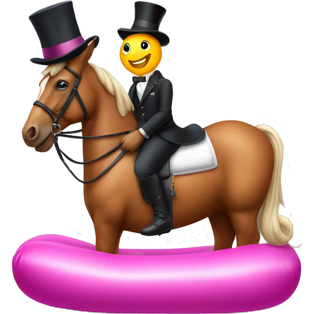 Horse on an inflatable bunny wearing a tophat emoji