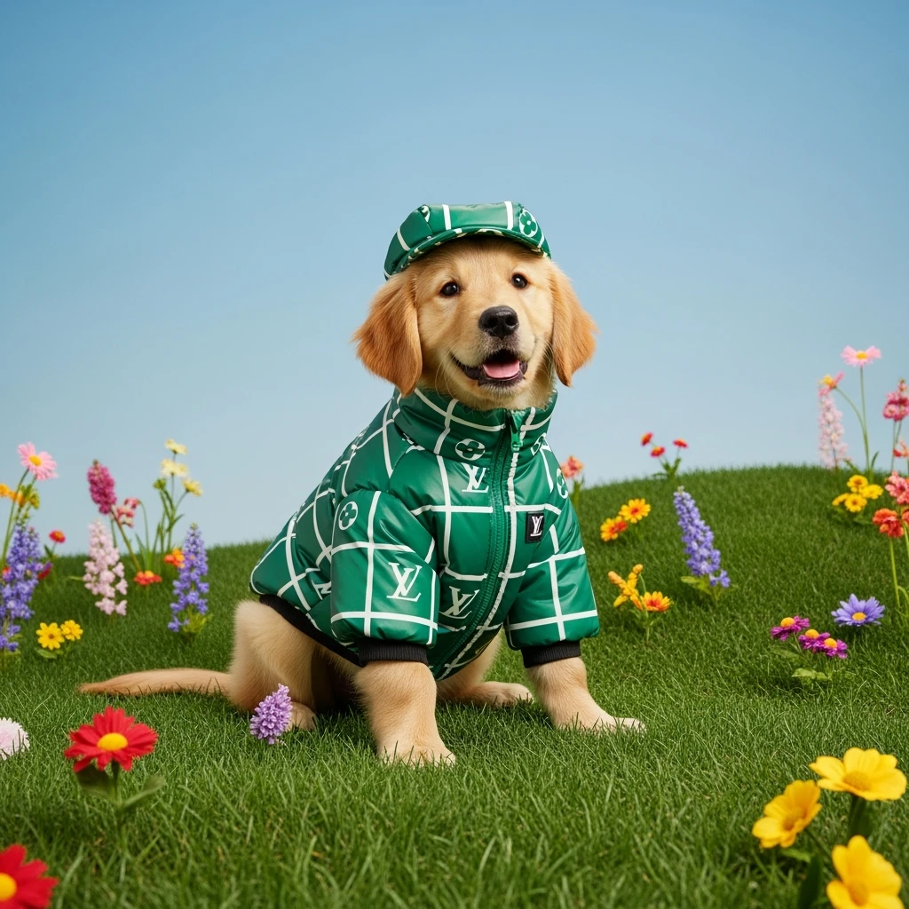 Medium shot, Photo of a puppy golden retriver sitting, dress in abstract (green) grid puffer Louis Vuitton jacket, express body, soft light, golden retriver sitting on grass hill with colorfull flowers, green cap, blue minimalistic sky in background, studio emoji