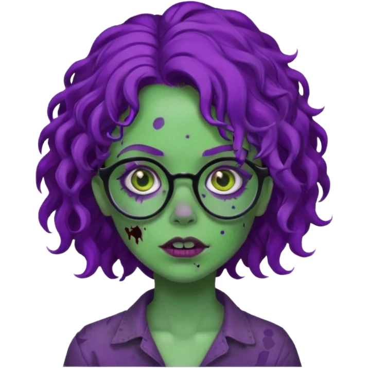 Crie uma garota zumbi com cabelo cacheado roxo, óculos preto e sardas com a pele verde  emoji