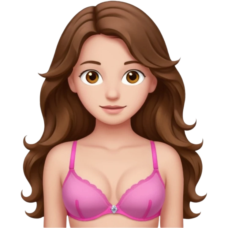 teenager, long brown hair wavy, hazel eyes, pink, beautiful, stunning, little clothing, bra emoji
