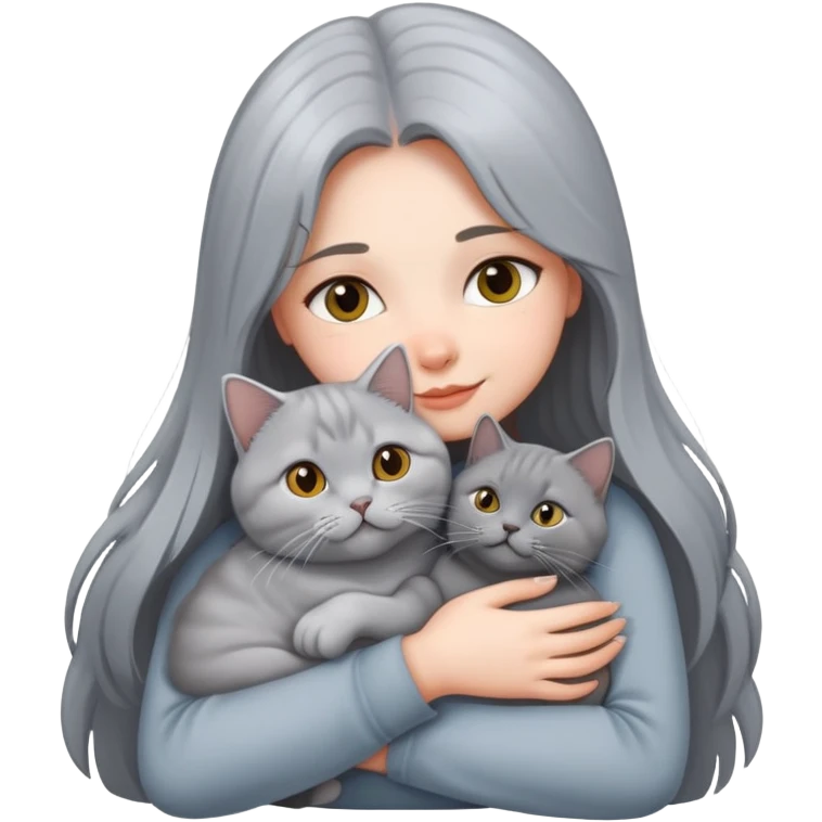 A long-haired girl hugs a silver-gray British shorthair cat emoji