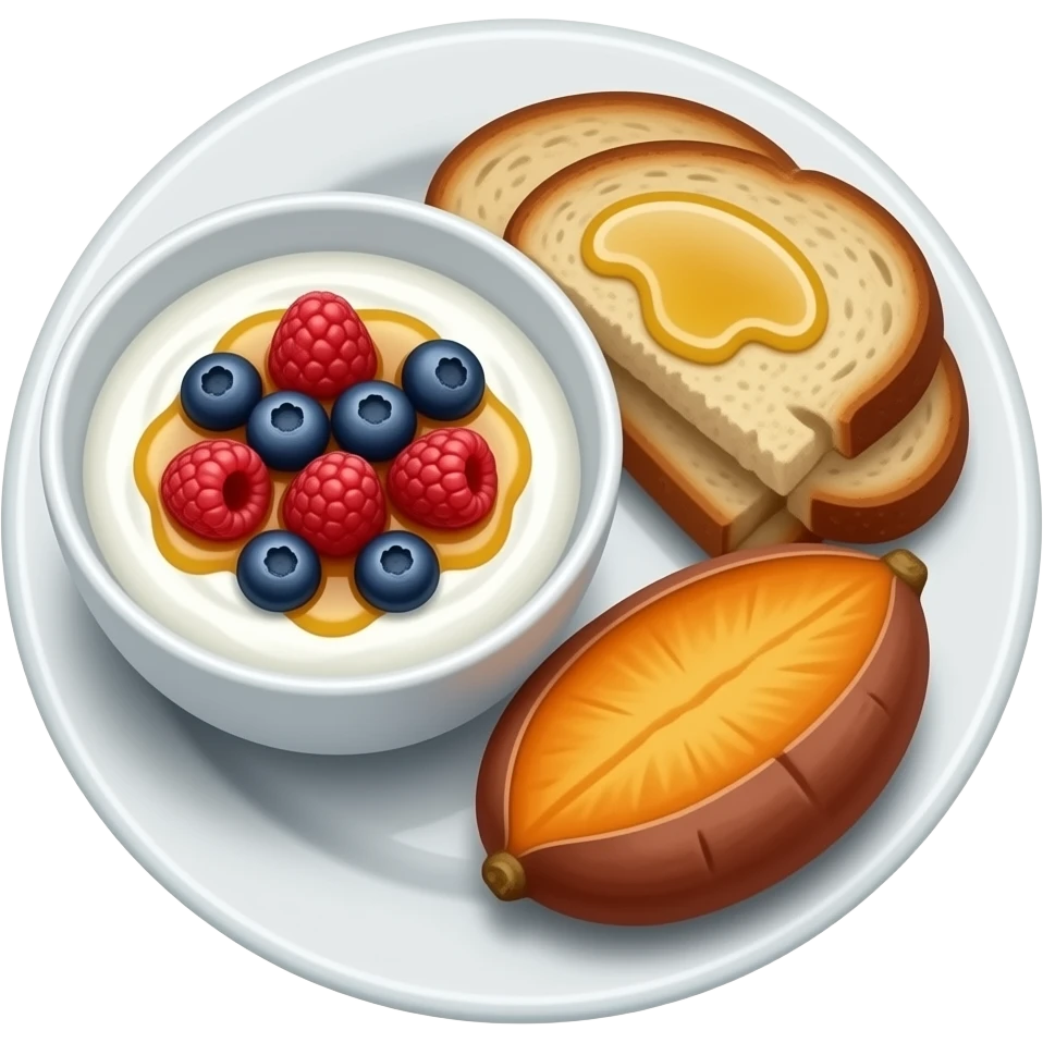 Realistic Plate with greek yogurt bowl topped with blueberries raspberries and maple syrup and sourdough slice topped with olive oil and a sweet potato on the side HD emoji