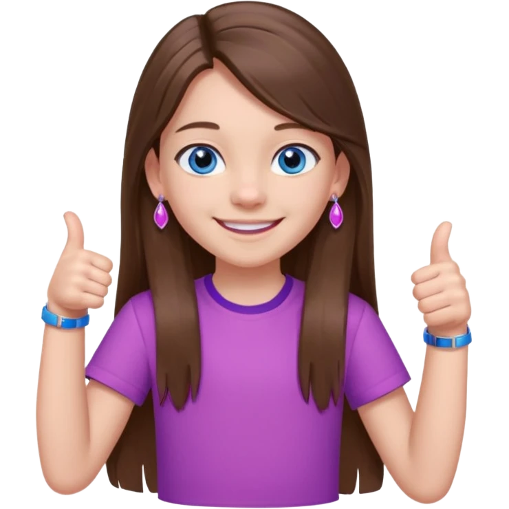 11 year old girl, blue eyes, brown long ish straight hair, smile and two thumbss up with purple stud earings and a pink shirt, and that you can see my whole body, and no teeth in my smile emoji