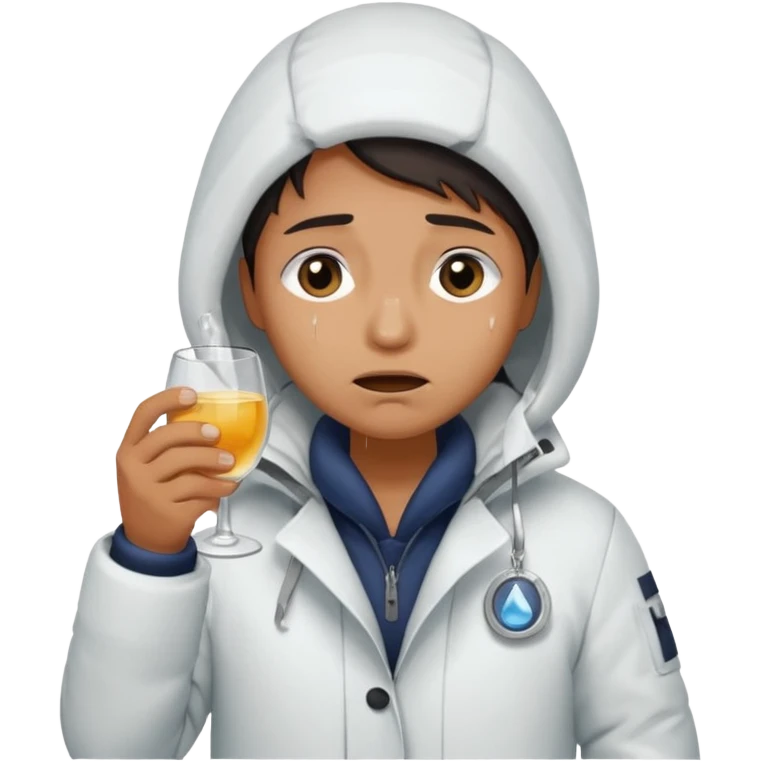 Antarctica person, eskimo glass, white coat, crying emoji