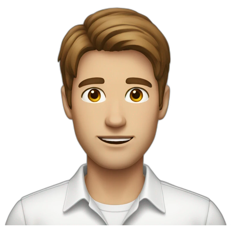 A guy with brown hair wearing a white shirt and grey eyes emoji