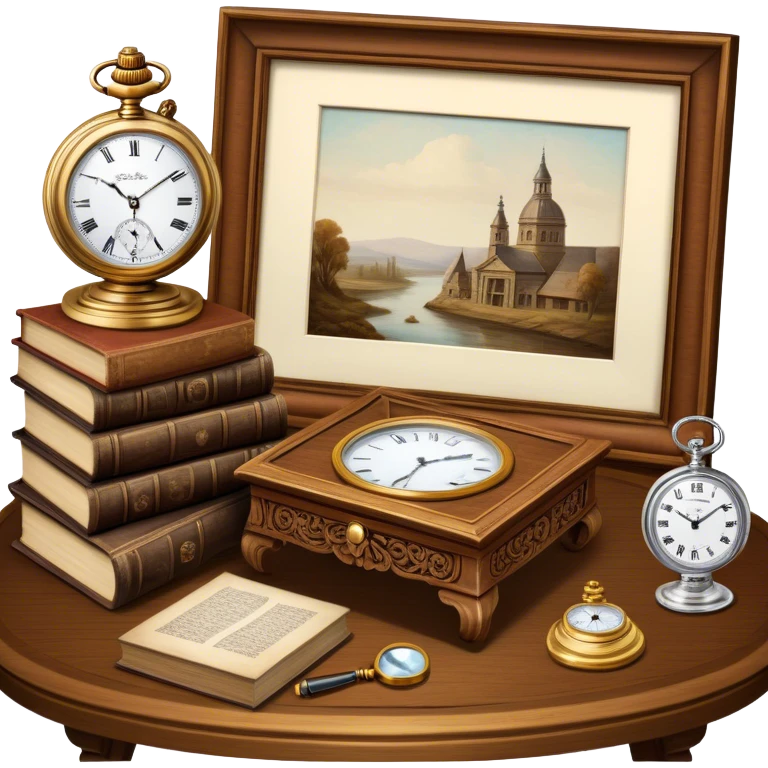 Icon for Antiques Collecting: antique carved  table, a vintage pocket watch and a porcelain figurine, all placed on a wooden antique carved table surrounded by aged books and a magnifying glass. The icon should evoke the elegance and history of antique collecting. Transparent background. emoji
