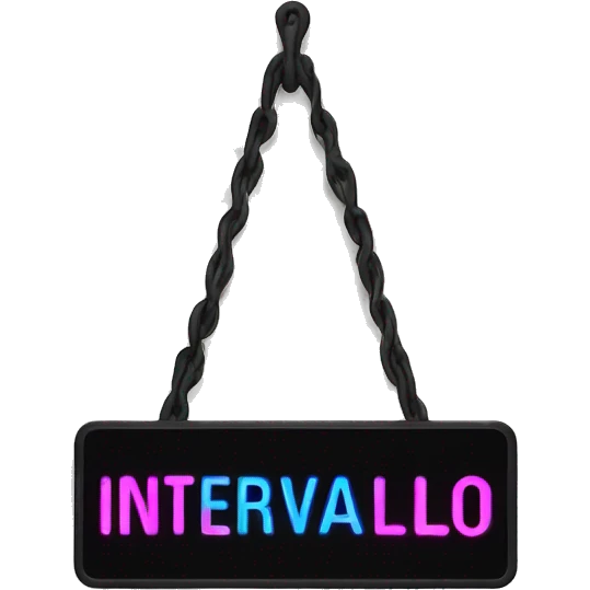 dark hanging sign with neon "intervalo" text emoji