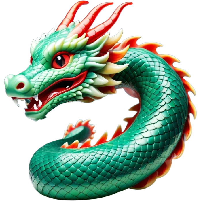 Cinematic Comical Chinese Serpent Dragon Portrait Emoji, Head tilted dramatically with an exaggeratedly amused expression, featuring a sleek, serpentine form adorned in luminous jade and vermilion scales interlaced with playful cloud and water accents; rendered with vibrant, lifelike textures and dynamic natural shadows, high shine, playful yet wise, styled with an air of cheeky ancient mystique, soft glowing outline, capturing the essence of a spirited and humorously enigmatic celestial dragon that looks ready to spiral into legendary lore! emoji