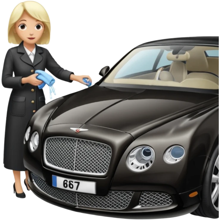 A old blond lady washing a black Bentley car. show the full car and the lady next to it. show the face smaller and the person standing beside it emoji