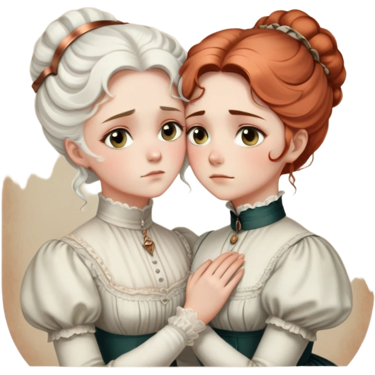 Two Victorian women with light eyes, one with white coiffed hair and one with copper coiffed hair, wearing Victorian high-neck dresses, embracing in a sad intimate hug emoji