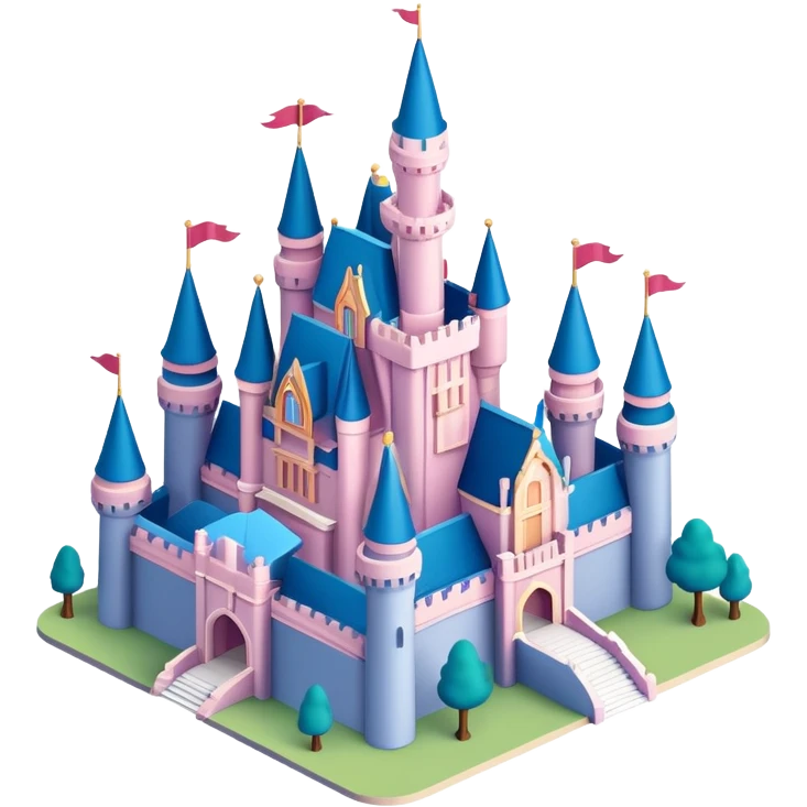 Isometric exterior Walt Disney world castle, dollhouse style 3D realistic  emoji