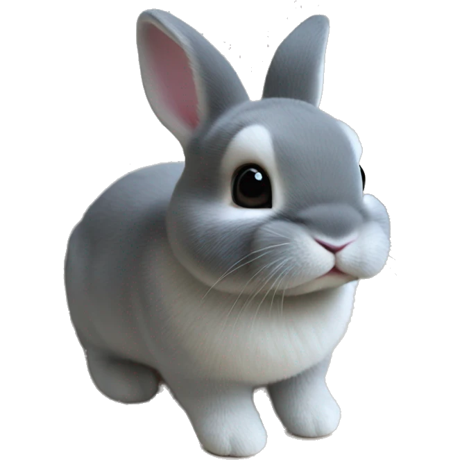 netherland dwarf bunny with small bead eyes and slightly dark gray fur with white on the belly, toes, and chin emoji