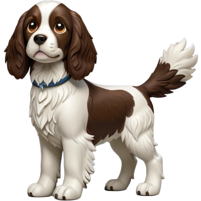 cinematic-[Springer Spaniel]-realistic-full-body-standing-emoji,-tail-resting-loosely-beside-its-paws,-head-tilted-dramatically, -scruffy-[brown and white]-fur,-simplified-yet-realistic-focused-features,-highly-detailed,-glowing-with-an-almost-sarcastic-glow emoji