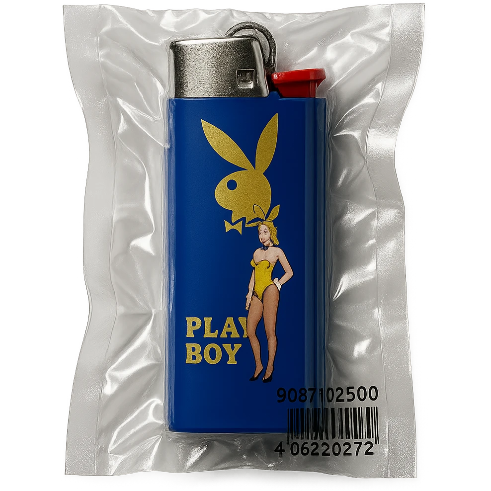 blue BIC lighter, glossy, with a gold Playboy Bunny logo and a model in a yellow bunny suit emoji