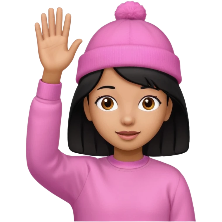 Kid in pink hat and jumper waving, black hair emoji