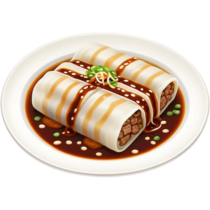 Beef rice noodle roll Ngau Yuk Cheung Fun with dark sauce drizzled on top, simplified emoji style with bold outlines and bright colors, cartoon style Cantonese street food emoji