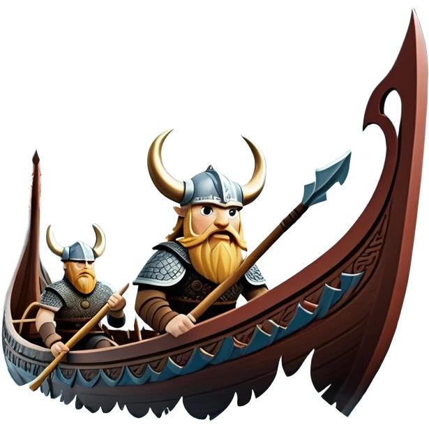 clash-of-clans-aesthetic_-cinematic-viking-longboat, rendered in a flat, bold vector style with minimal shading, featuring a striking dragon-headed prow slicing through icy, churning waters. shields on the side and vikings rowing The longboat’s intricately detailed shields and carved motifs evoke a sense of epic adventure and Nordic might, with billowing sails catching a dramatic, stormy sky backdrop. emoji