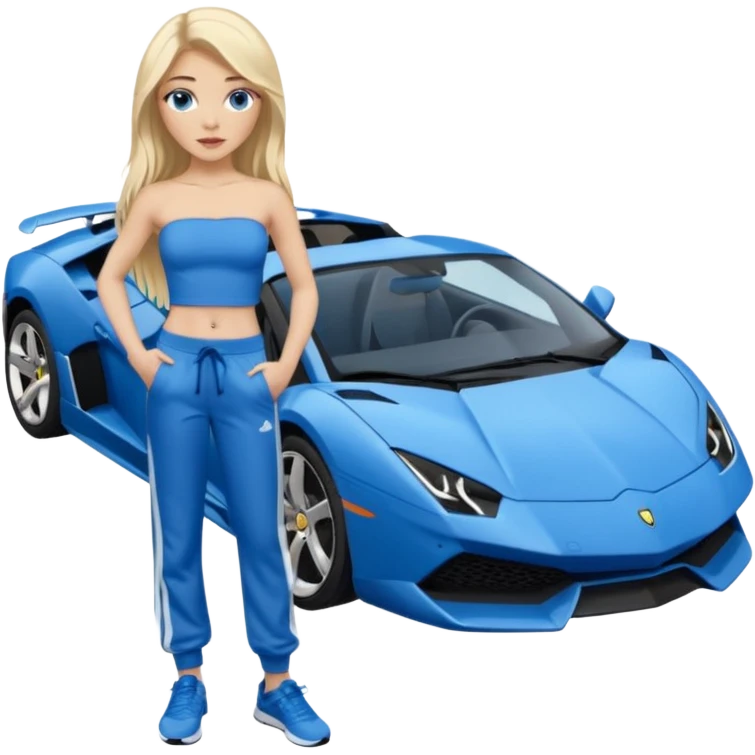 Blauer Lamborghini mit einem Mädchen mit sehr lamgem blonden Haaren und latina make up und blauen Himmel Augen daneben stehen und sie hat ein blaues Top ohne Träger anund eine blaue Joggingshose und blauen Adidas Schuhen emoji