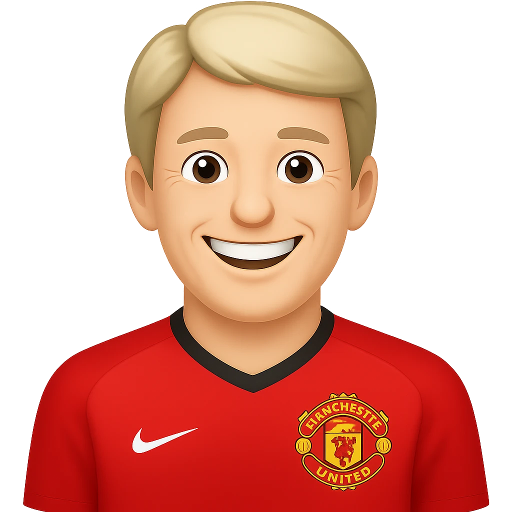 Make Van der Sar smile, keep Manchester United shirt, in apple emoji style, no background. emoji
