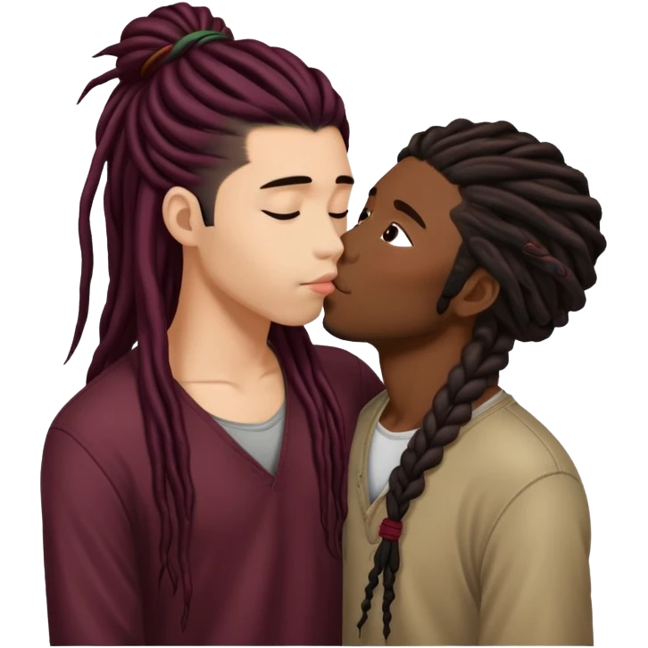Dark Wine colored hair asian long hair, kissing young black guy with dreads emoji
