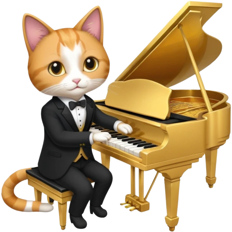 calico cat play gold piano, wear black suit, portrait emoji