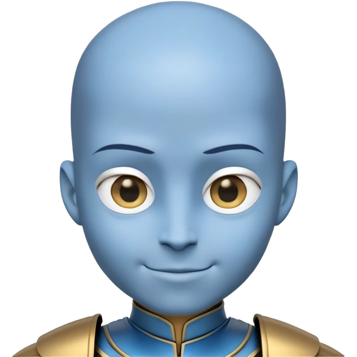 A stylized 3D cartoon character with blue skin and an oversized forehead—twice the size of the face. He has a smooth bald head with a light blue patch on top, golden eyes, and a sly, clever smile. Wearing a futuristic black and silver outfit with shoulder armor. Bust portrait, clean background. emoji