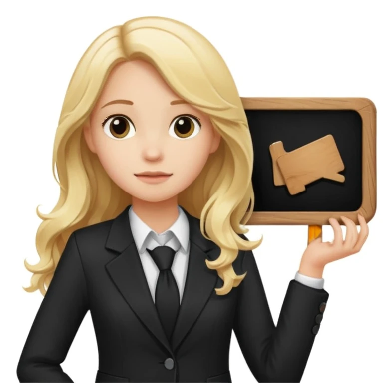 Blonde long wavy hair girl with black office blazer holding a wooden board with a sign 10/10 emoji