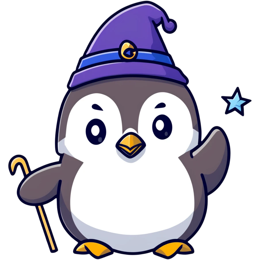 penguin dressed as a wizard with magic wand and wizard hat emoji