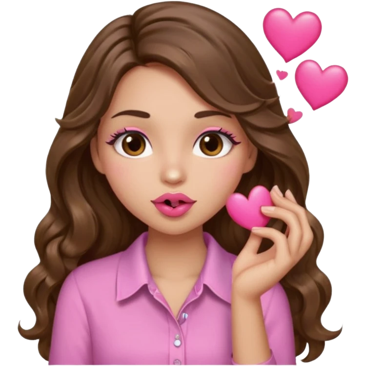 girl with long wavy brown hair, brown eyes, light to medium complexion, in a pink shirt, pink lips, long lashes, puckering up for a kiss, kiss lips and hearts in hand emoji
