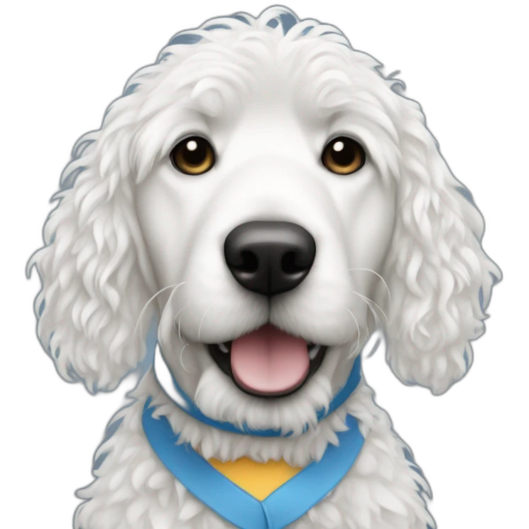 A white doodle with blue shirt, a quote "No hay sistema" emoji