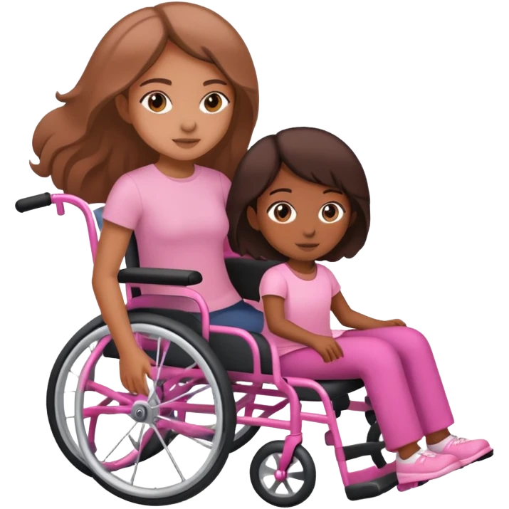 One tan skin sister pushing her brown skin sister in a pink wheelchair emoji