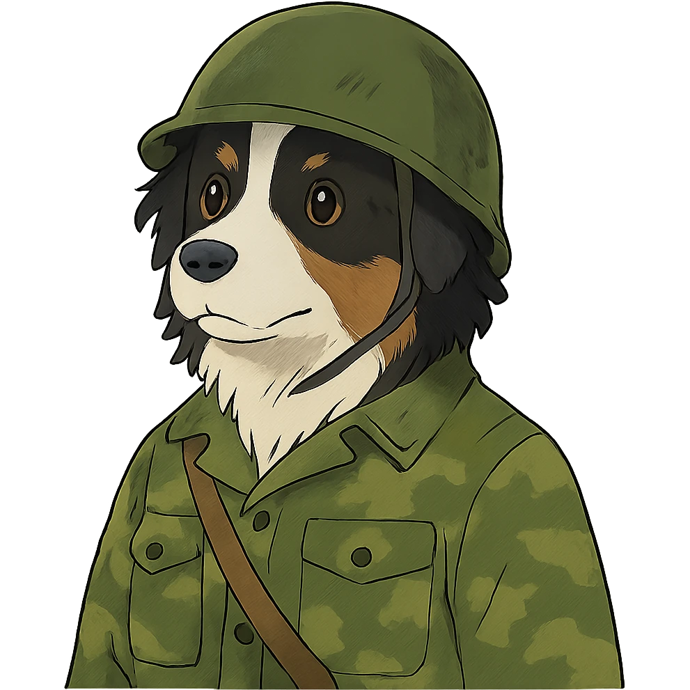 black-tri Mini American Shepherd in a camo green soldier uniform and green helmet emoji