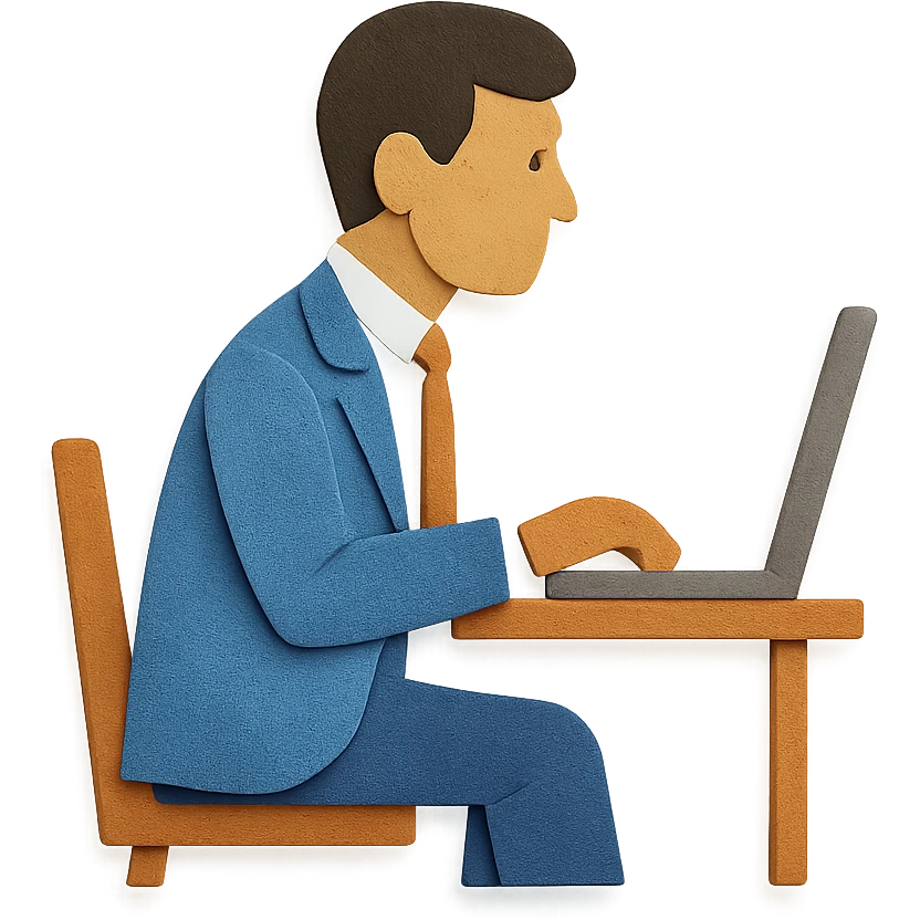 hombre con vestimenta semi-formal, de perfil, frente a una computadora en una mesa sencilla, paper craft style emoji