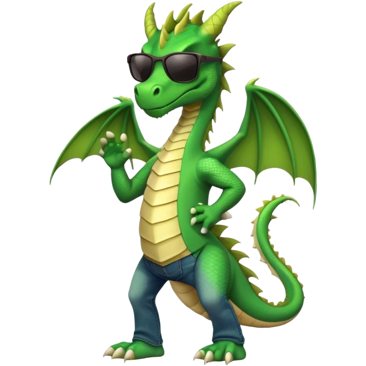 friendly anthropomorphised green dragon in a sports t-shirt and jeans wearing dark sunglasses walking upright emoji
