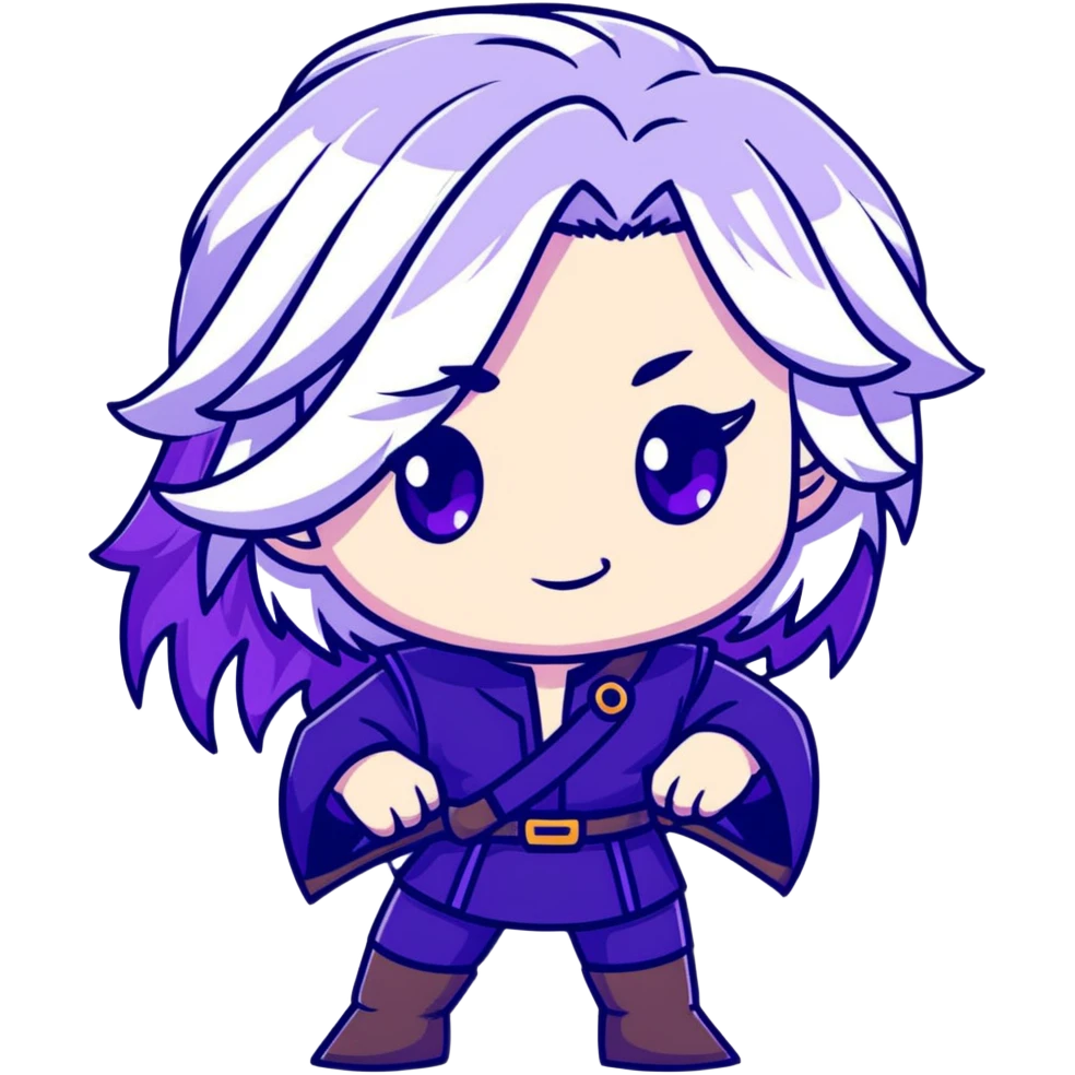 Chibi Sable Ward from Dead by Daylight with long white hair with purple streaks and fully purple eyes, detailed and expressive, cute exaggerated style with large expressive eyes and clear emotion emoji