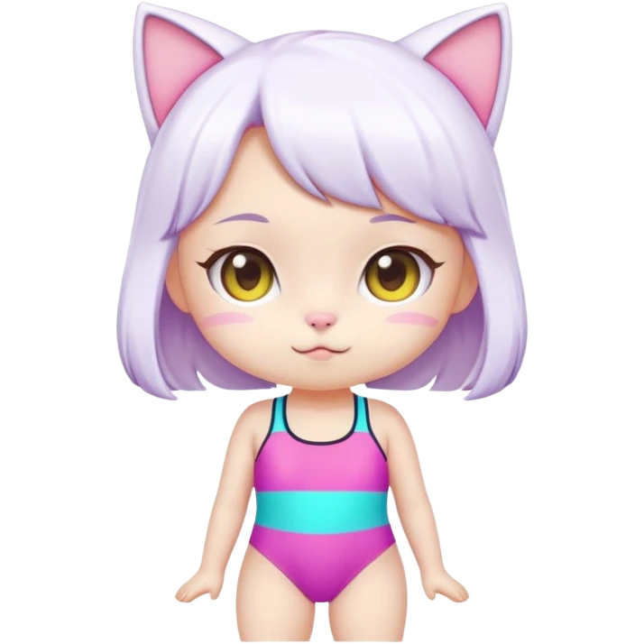 Cute short cat girl character with big head in a colorful swimsuit, kawaii style emoji