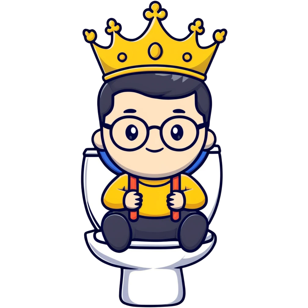 Royal king with crown sitting on a toilet, wearing round glasses and black hair emoji