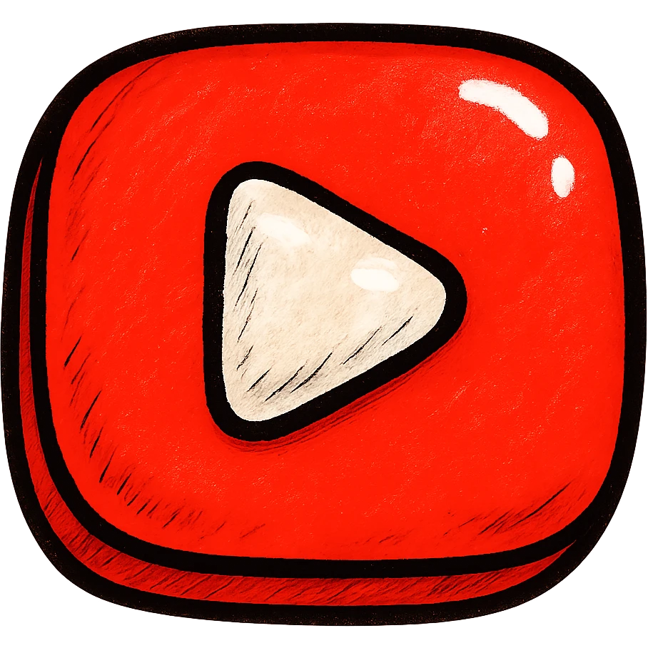 plump, rounded YouTube logo in red, puffy dimensional icon style with bold black outlines, expressive shadows, glossy highlights, soft rounded YouTube play button symbol, no background emoji