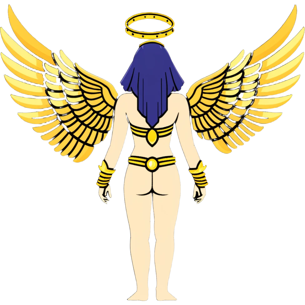 fullbody back view of Anunnaki goddess Inanna with majestic glowing wings, nude back, ancient Mesopotamian star and gate symbols, elaborate gold bracelets and anklets emoji